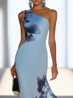 Victoria | Satin Ink Print Off-Shoulder Maxi Jurk