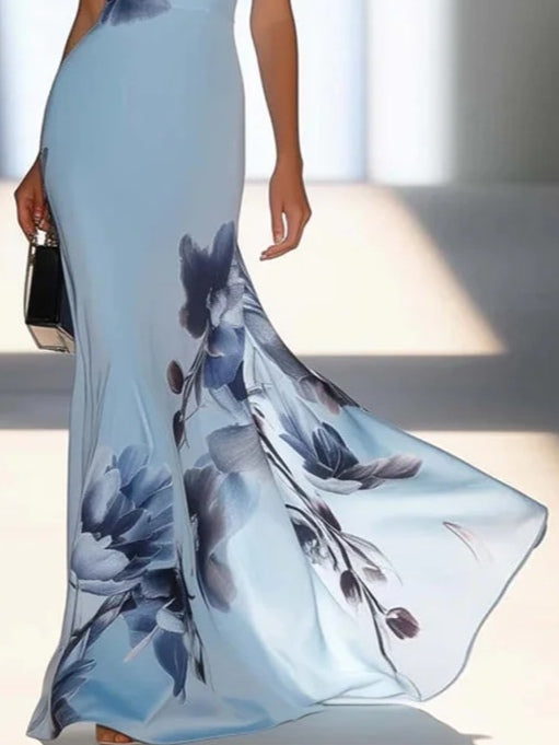 Victoria | Satin Ink Print Off-Shoulder Maxi Jurk