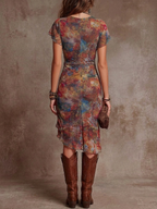Judy | Bohemian Abstract V-Hals Geplooide Midi Jurk