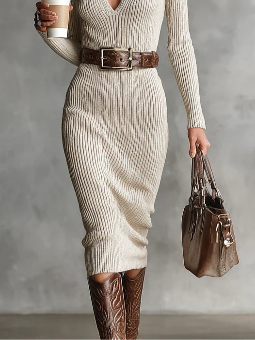 Diane | Gebreide Midi-jurk met Ceintuur en Hoge Hals