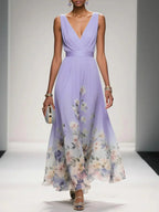 Roze | Lichtblauwe Bloemen Chiffon V-Hals Maxi Jurk
