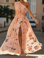 Julie | Lichtgroene Bloemen Chiffon One-Shoulder Maxi Jurk