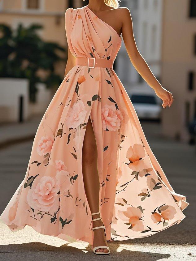 Julie | Lichtgroene Bloemen Chiffon One-Shoulder Maxi Jurk