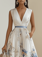 Chloe | Witte Bloemen Chiffon V-Hals Geplooide Midi Jurk