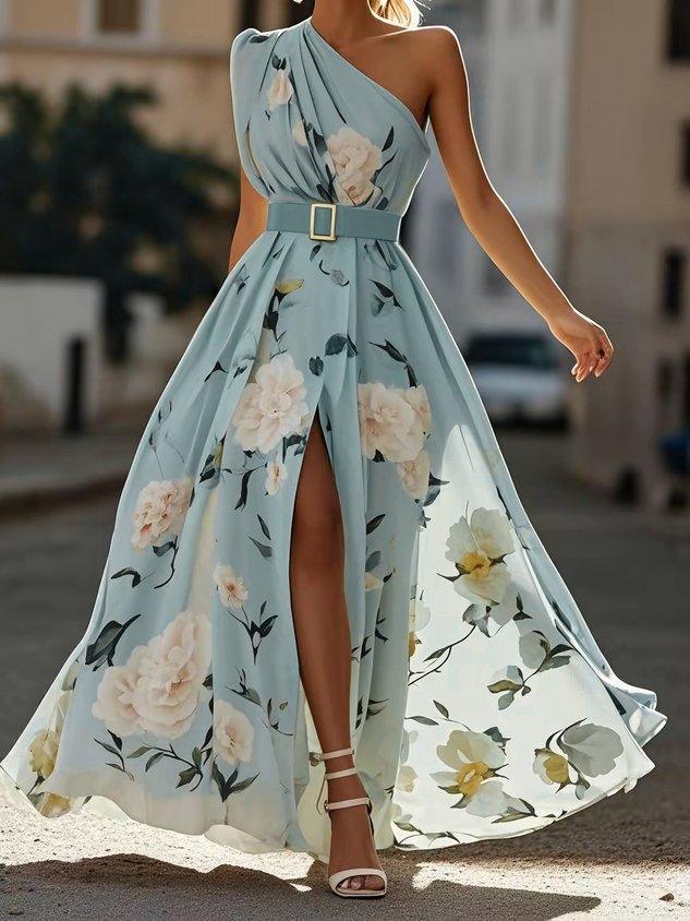Julie | Lichtgroene Bloemen Chiffon One-Shoulder Maxi Jurk