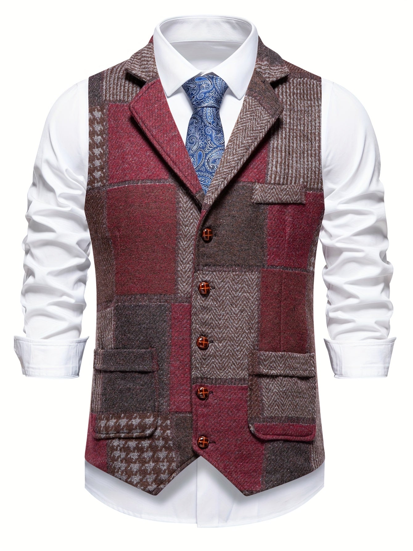 Leo | Tweed Gilet met Patchwork Design & Visgraatpatroon