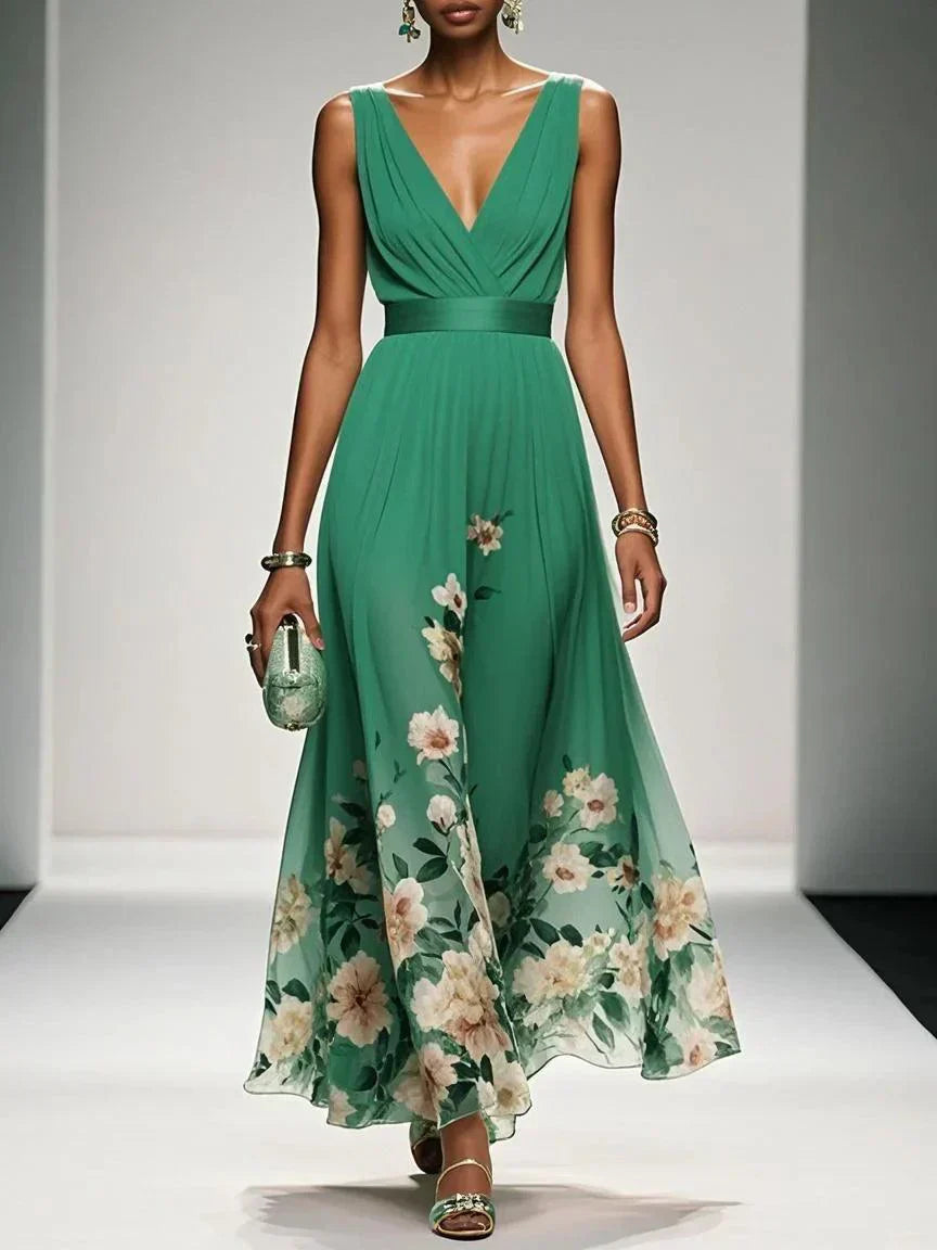 Roze | Lichtblauwe Bloemen Chiffon V-Hals Maxi Jurk