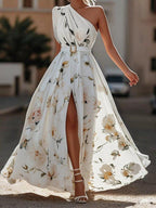 Julie | Lichtgroene Bloemen Chiffon One-Shoulder Maxi Jurk