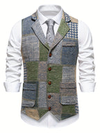 Leo | Tweed Gilet met Patchwork Design & Visgraatpatroon