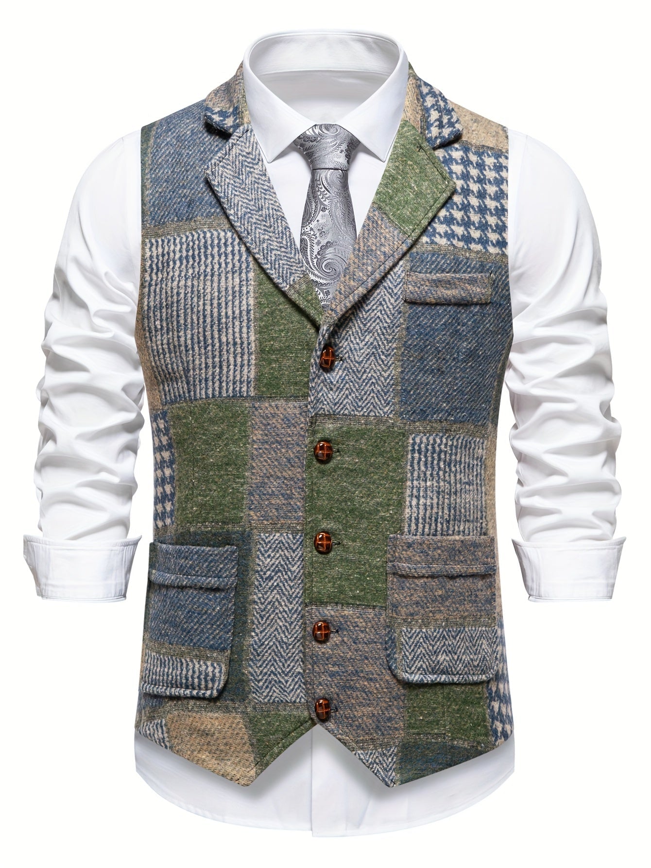 Leo | Tweed Gilet met Patchwork Design & Visgraatpatroon