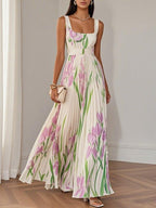 Marie | Witte Geplooide Bloemen Chiffon Maxi Jurk
