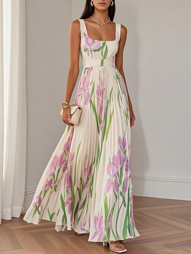 Marie | Witte Geplooide Bloemen Chiffon Maxi Jurk
