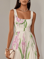 Marie | Witte Geplooide Bloemen Chiffon Maxi Jurk