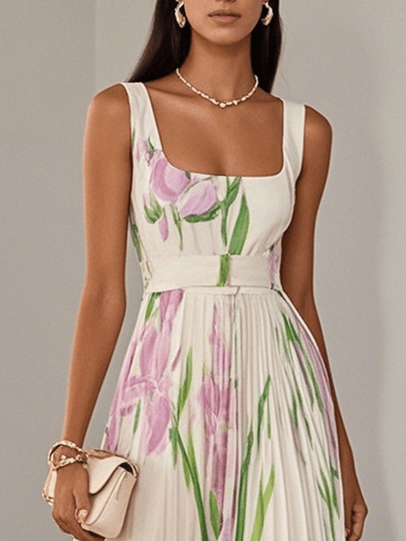Marie | Witte Geplooide Bloemen Chiffon Maxi Jurk