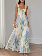 Marie | Witte Geplooide Bloemen Chiffon Maxi Jurk