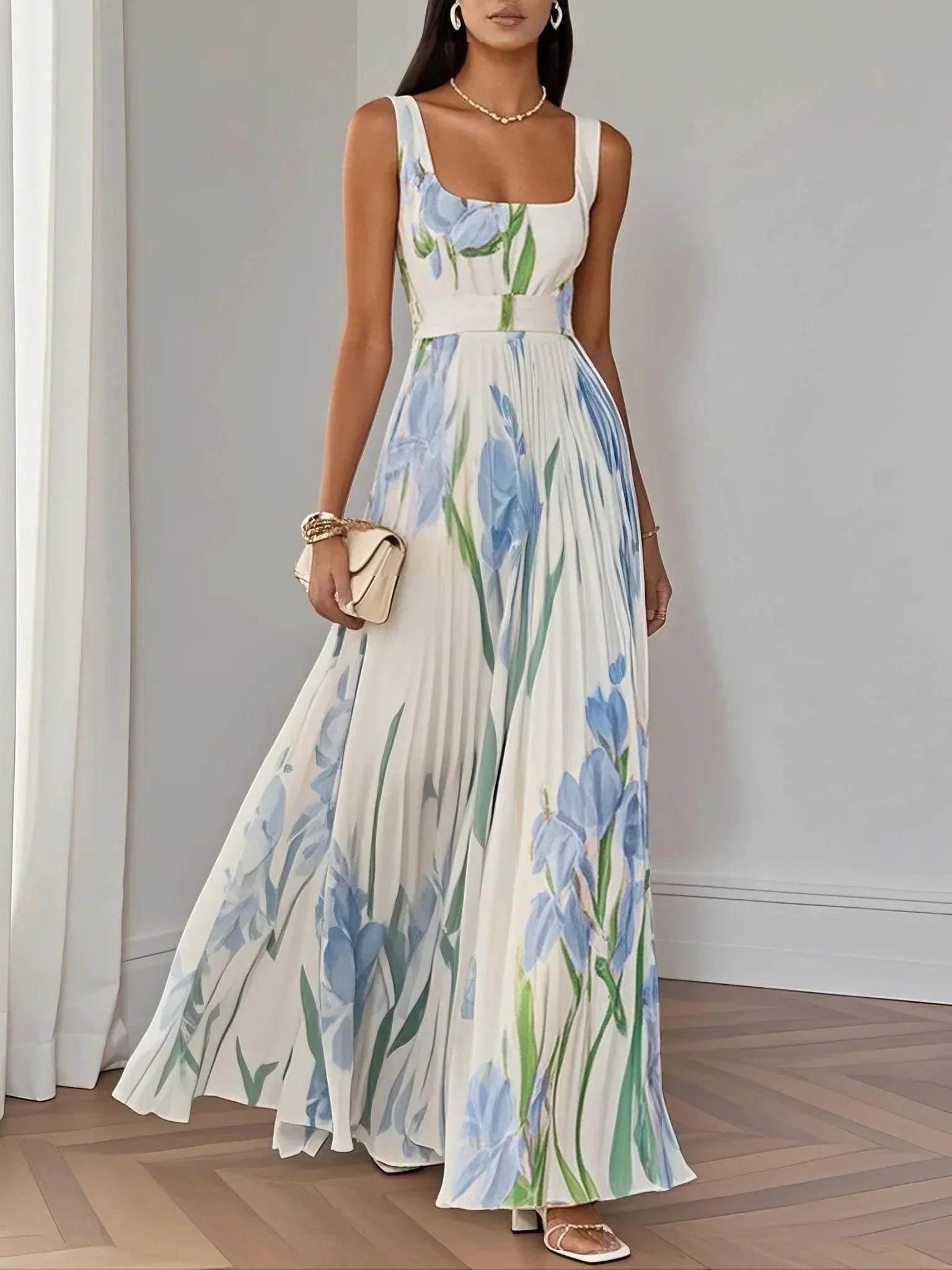 Marie | Witte Geplooide Bloemen Chiffon Maxi Jurk