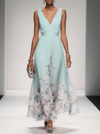 Roze | Lichtblauwe Bloemen Chiffon V-Hals Maxi Jurk