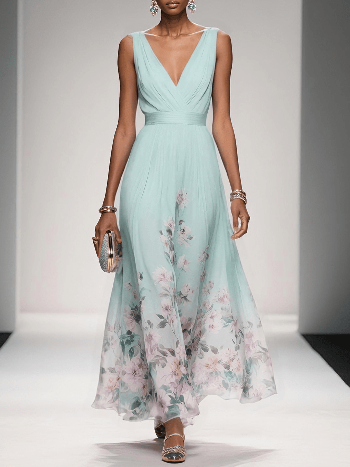 Roze | Lichtblauwe Bloemen Chiffon V-Hals Maxi Jurk