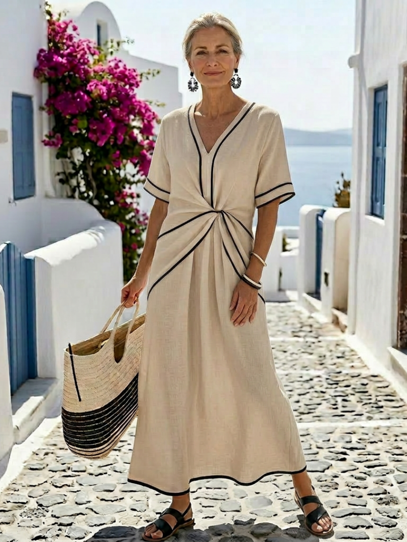 Linnea | V-hals Korte Mouw Gathered Taille Midi Jurk