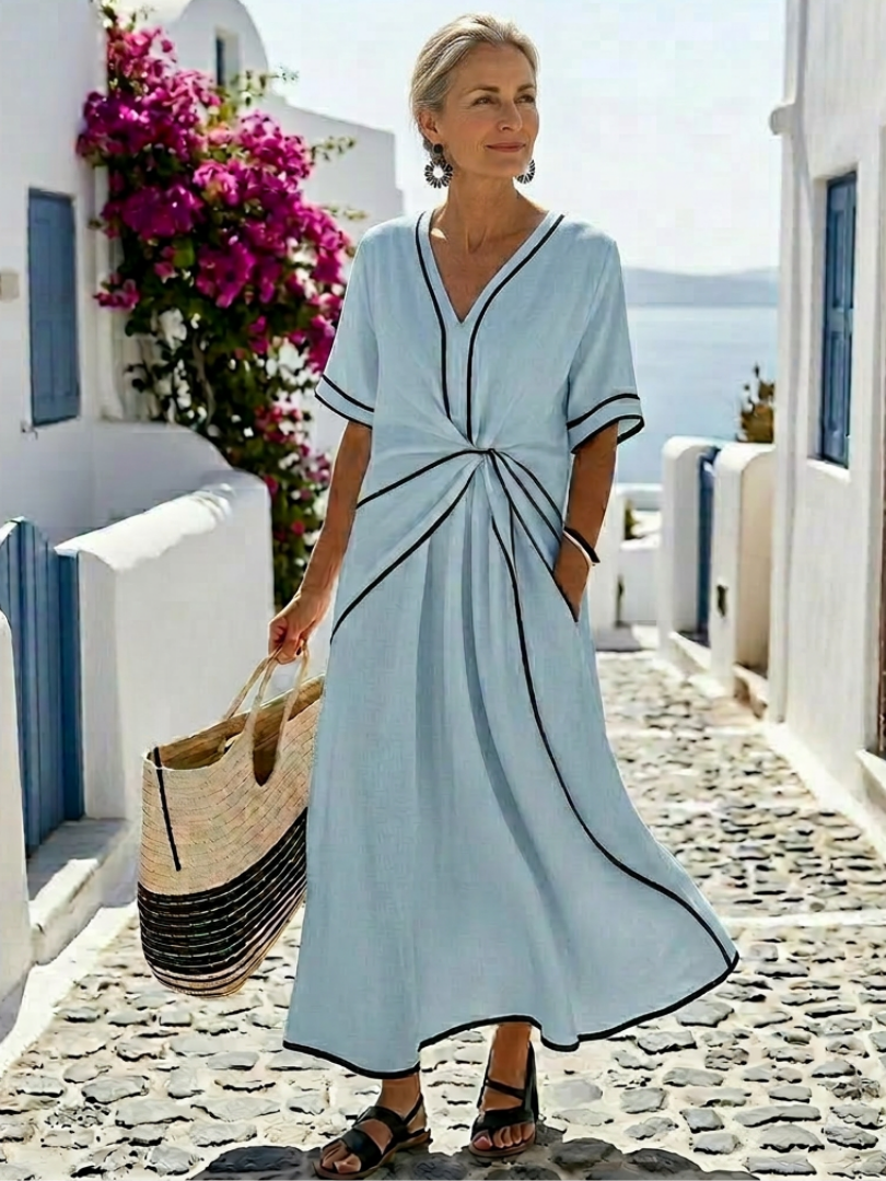 Linnea | V-hals Korte Mouw Gathered Taille Midi Jurk