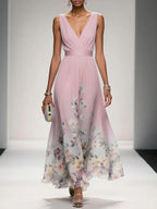 Roze | Lichtblauwe Bloemen Chiffon V-Hals Maxi Jurk