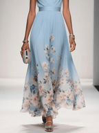 Roze | Lichtblauwe Bloemen Chiffon V-Hals Maxi Jurk