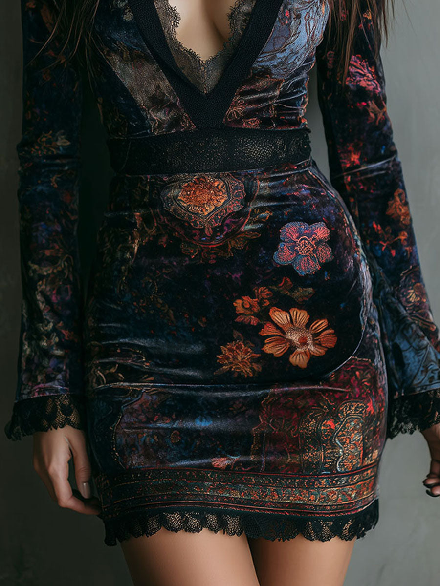 Marisol™ | Boho Bloemen Velours Mini Jurk