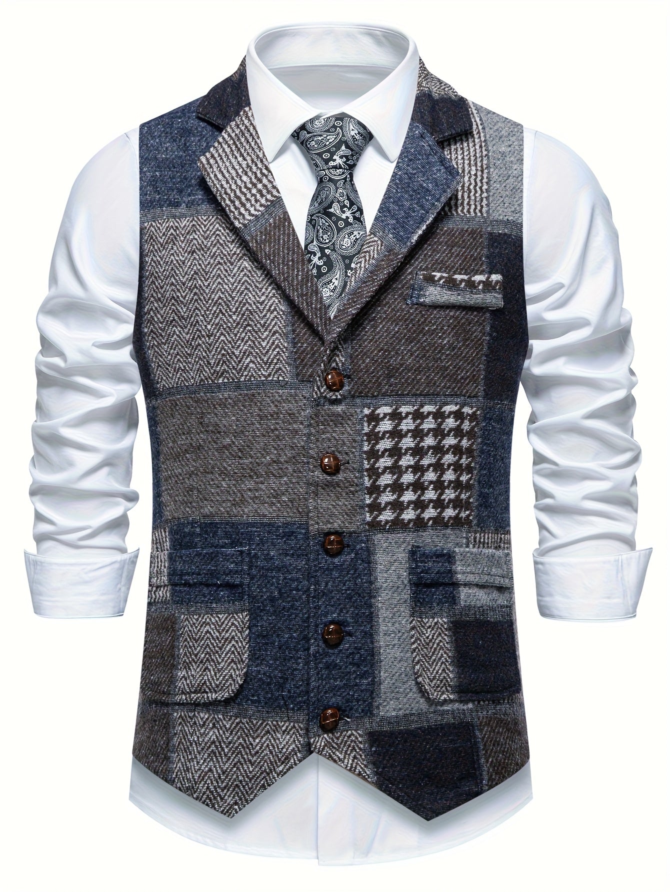Leo | Tweed Gilet met Patchwork Design & Visgraatpatroon