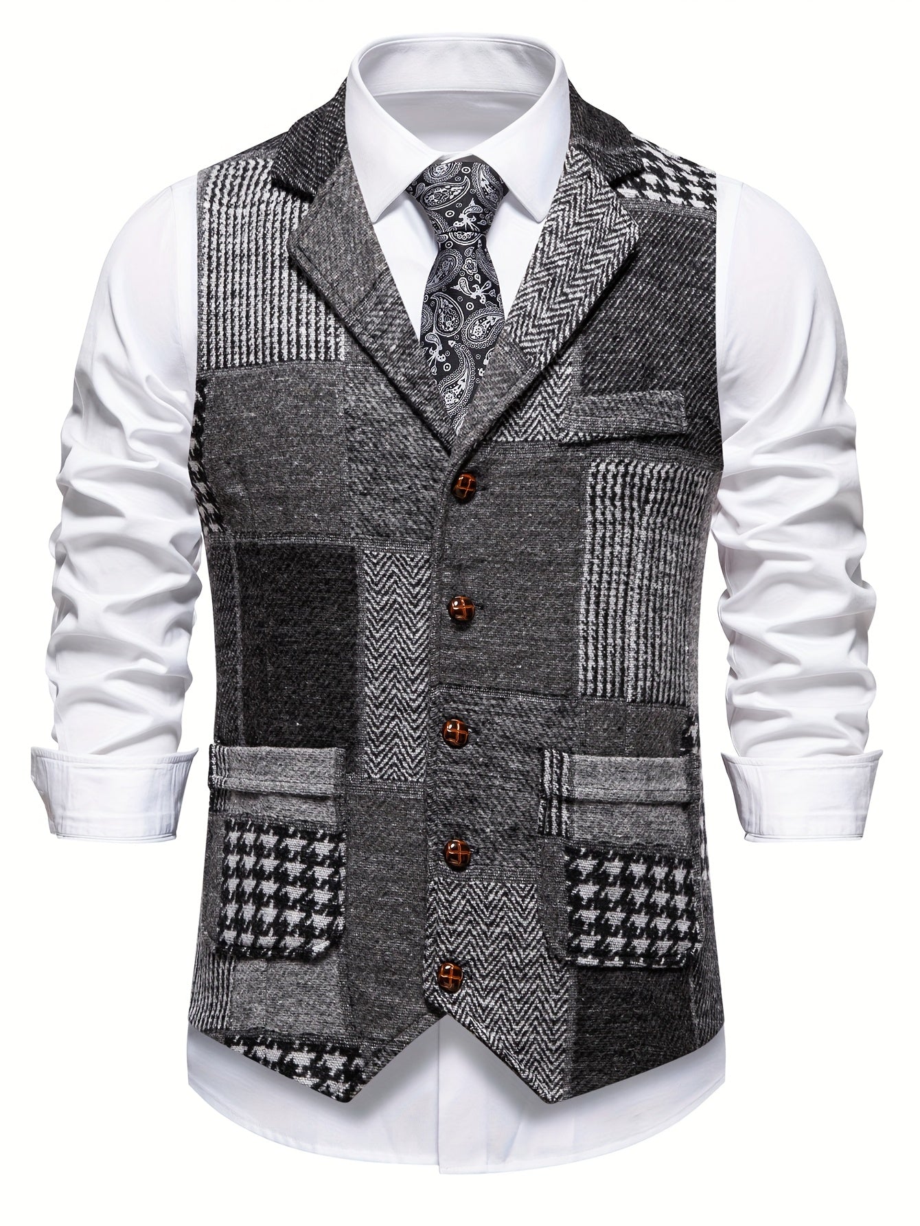 Leo | Tweed Gilet met Patchwork Design & Visgraatpatroon