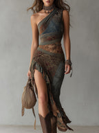 Indie™ | Etnische Print One-Shoulder Maxi Jurk